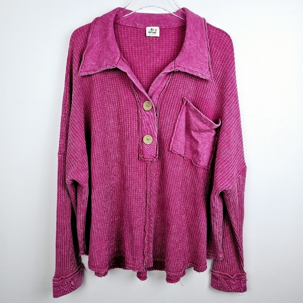 Blue Buttercup Mineral Dyed Waffle Knit Oversized Raw Edge Frayed Pink Top
